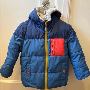 Mini Boden Reversible Cosy Borg Coat Bluejay, Size 5-6y